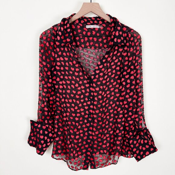 Alice + Olivia Silk Emmerson Burnout Velvet Heart Shirt Sheer Button Down Blouse - Picture 5 of 16